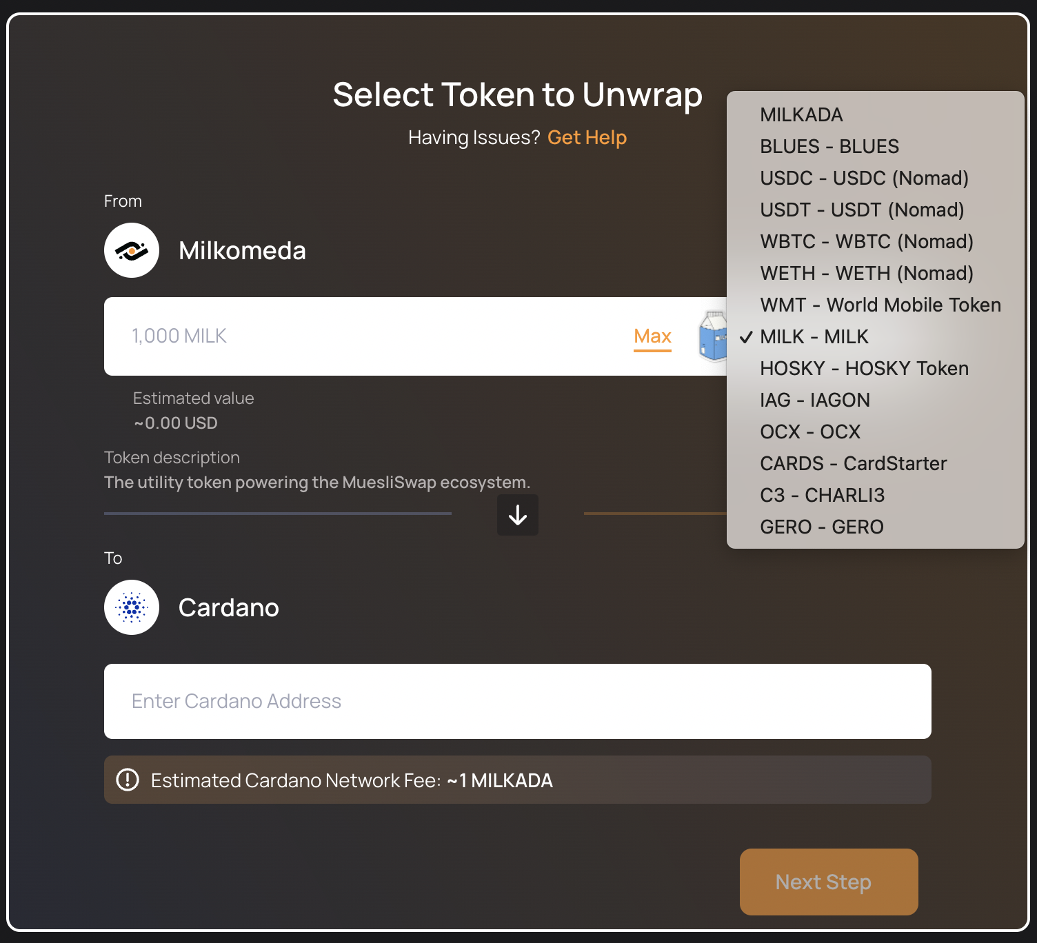 Select native asset for unwrapping